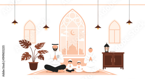 Muslim family with father mother and children praying together at home with mosque window view in flat vector