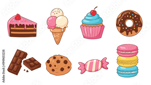 Collection of delicious cartoon desserts including cake, ice cream, cupcake, donut, and cookies