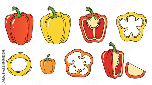 Collection of colorful bell peppers, whole and sliced, in a playful cartoon style