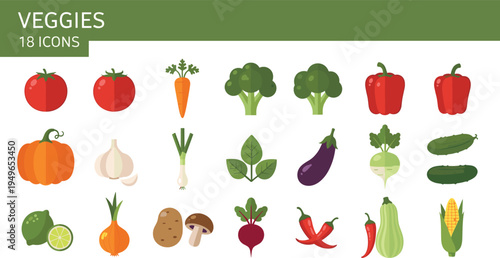 Set of eighteen fresh organic vegetable icons including tomato broccoli carrot pumpkin and pepper in flat vector design style