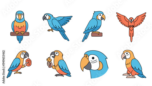 Collection of cute cartoon macaws in various poses and colors, perfect for design
