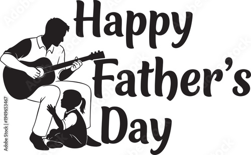 Happy Father's Day Music Scene with Dad Playing Guitar for Child Silhouette Vector Illustration of Bonding