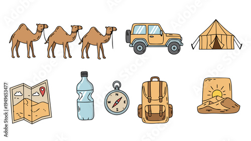 Desert adventure travel icons: camels, jeep, tent, map, compass, backpack, water