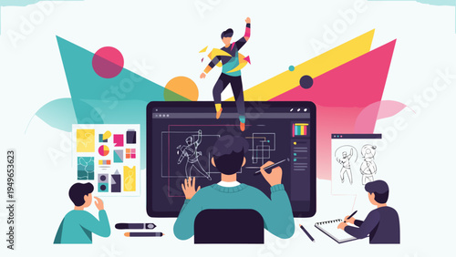 Creative team collaborating on digital animation and design projects together