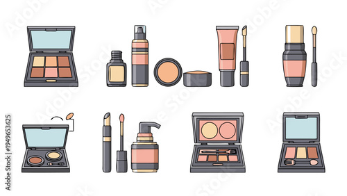 Collection of cosmetic products and makeup palettes in a flat design style