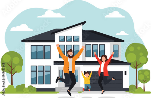 Happy family jumping for joy in front of their new modern luxury house real estate mortgage victory concept