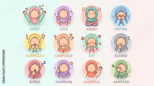 Collection of Muslim Girl Emoji Emotions Hijab Faces