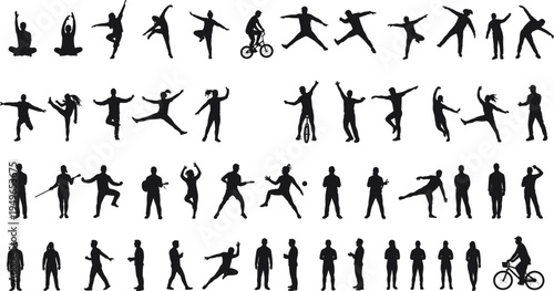 Human silhouettes collection, diverse people in motion and activities, jumping running dancing cycling lifestyle illustration set, vector art