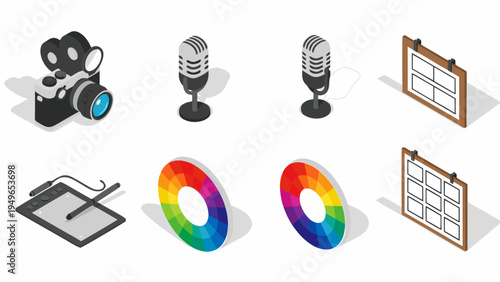 Isometric icons for creative professionals: camera, microphones, color wheel, and storyboards