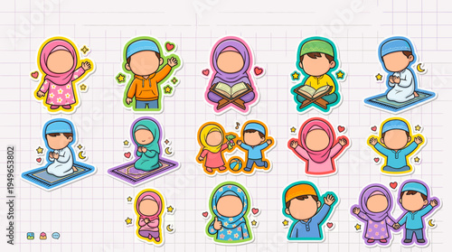 Cute Muslim Kids Cartoon Emoji Pack