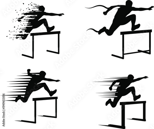 Hurdle runner silhouette vector set, athletes jumping obstacles, speed motion agility sport competition illustration collection