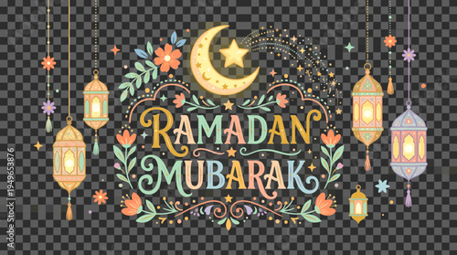 Wallpaper Mural Ramadan Mubarak Islamic Greeting Featuring Moon Lanterns and Flowers Torontodigital.ca