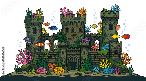 Sunken Castle Ornament with Colorful Tropical Fish and Coral