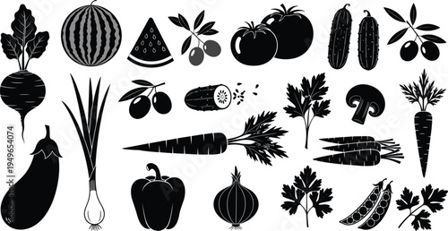 Large collection of black vegetable silhouettes icons including carrot tomato onion pepper mushroom and olive for organic design elements
