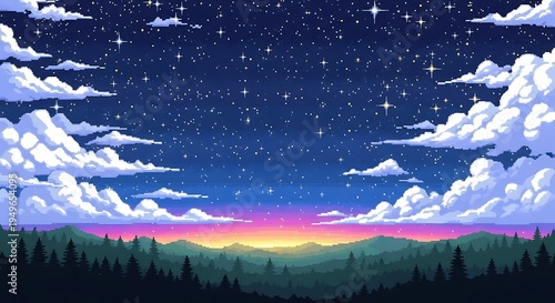 Pixelated nocturnal landscape showcases bright stars above rolling forested hills at twilight