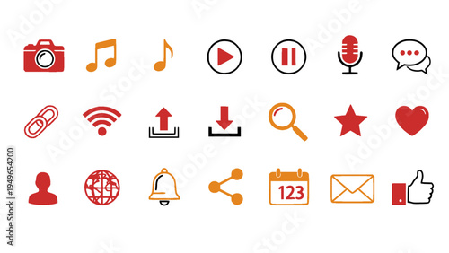 Modern flat icons including music, camera, microphone, messaging, internet, and social interaction symbols.
