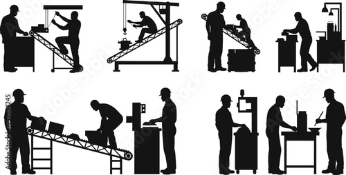 Industrial worker silhouettes set, manufacturing activities with machinery, teamwork and material handling, factory production process illustration