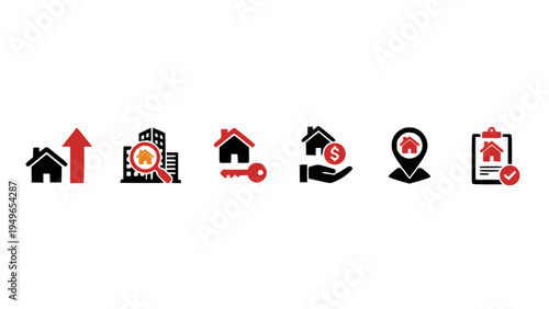 Vector icons related to housing, property investment, home search, and real estate services.
