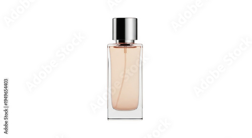 Sleek perfume bottle with silver cap on white background showcasing light pink fragrance