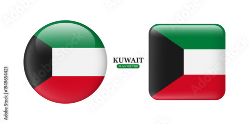Kuwait national flag with a glossy glass-like effect in circular and square shapes, isolated on a white background, suitable for sports graphics or infographic media design, vector 3d for design