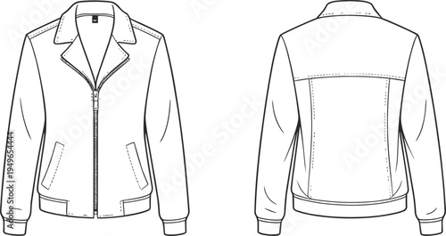 Jacket flat sketch front and back, fashion technical drawing, garment design, apparel template, clothing construction, outerwear illustration