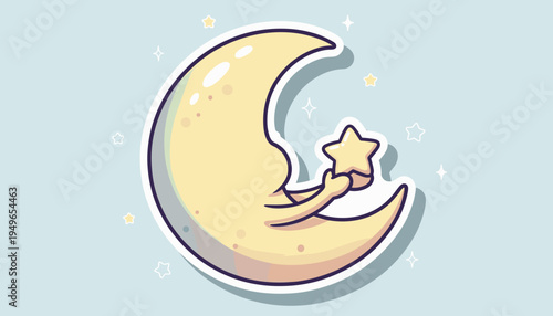 Crescent Moon Holding a Star Against a Soft Blue Background