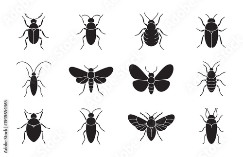Set of black insect icons on white background, various bug silhouettes including beetles and moths