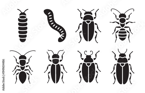 Set of black insect icons on white background, various bug silhouettes including beetles and ants