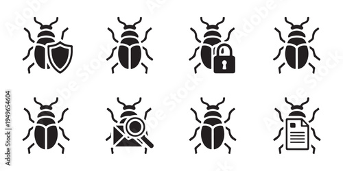 Bug icon set. collection of black beetle symbols for cybersecurity and technology concepts