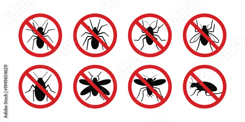 No insects sign icons. collection of red forbidden symbols with various bug types