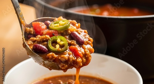 A steaming ladle filled with hearty chili con carne garnished with fresh sliced green jalapenos. chili cookoff