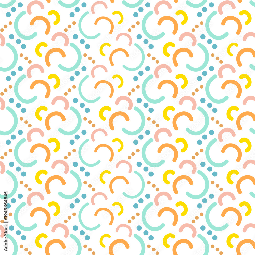 Fototapeta premium Seamless Abstract Geometric Pattern with Colorful Curves and Dots Minimal Vector Background