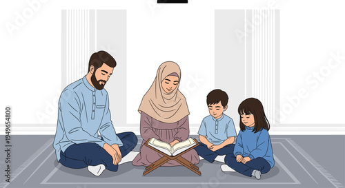 Muslim family with father mother and children reading holy book quran together sitting on carpet in flat vector