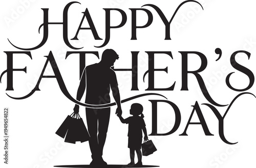 Happy Father's Day Shopping Silhouette with Dad & Child Holding Bags - Family Outing and Paternal Love Vector Art