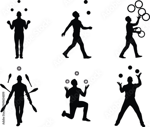 Juggler silhouettes, circus performance, juggling balls, juggling clubs, juggling rings, entertainment act, comedy figure, playful gesture, skill, balance, coordination, talent