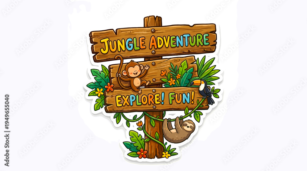 Fototapeta premium Jungle Adventure Explore Fun Sign with Animals
