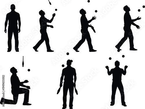 Juggler silhouettes, circus performance, juggling clubs, juggling balls, entertainment act, comedy figure, festival show, playful gesture, skill, balance, coordination, talent
