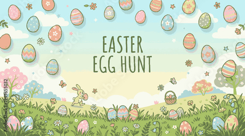 Whimsical easter egg hunt celebration with playful bunny mascot and pastel scattered eggs in a lush green field