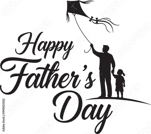 Happy Father's Day Kite Flying Silhouette with Dad & Child on Hill - Joyful Outdoor Family Activity Vector Art