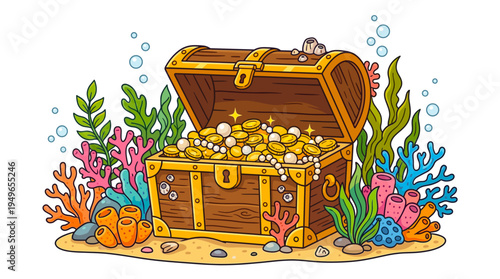 Underwater Treasure Chest Filled with Gold Coins and Pearls