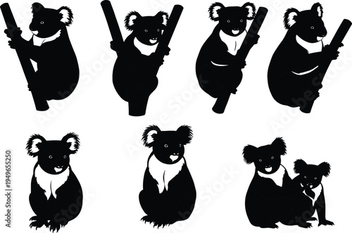 Koala silhouette set, Australian marsupial vector, tree climbing animal illustration, wildlife poses, unique nature clipart design