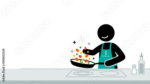 Happy Stickman Chef Cooks Vegetables in a Frying Pan