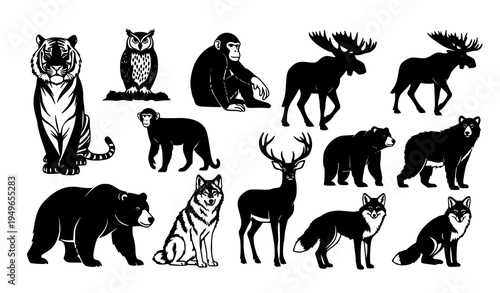 Wildlife animal silhouettes vector collection with tiger owl moose and monkey