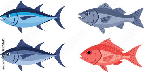 Collection of various fish species including bluefin tuna and red snapper in flat vector style for seafood market