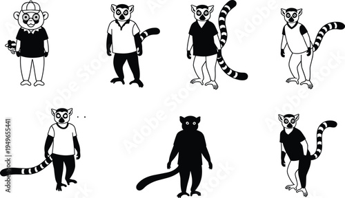 Lemur cartoon characters, primate poses, funny animals, wildlife behavior, vector illustration design set collection