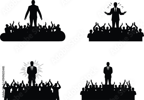 Leadership silhouettes with crowd, business authority, corporate influence, public speaking, teamwork, motivation, success, 
