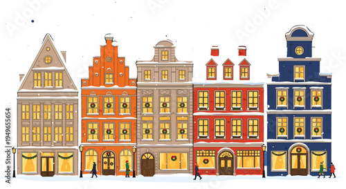 Winter city street with festive decorated European style buildings and people walking in snow for Christmas holiday celebration