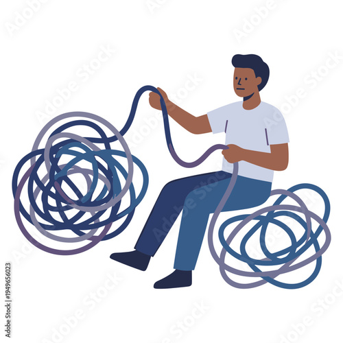 A man sits and untangles a large bundle of colorful wires.