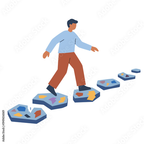 Man stepping on puzzle pieces in a line to solve a problem