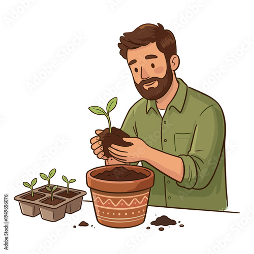 Man planting green seedling in brown pot on table indoors